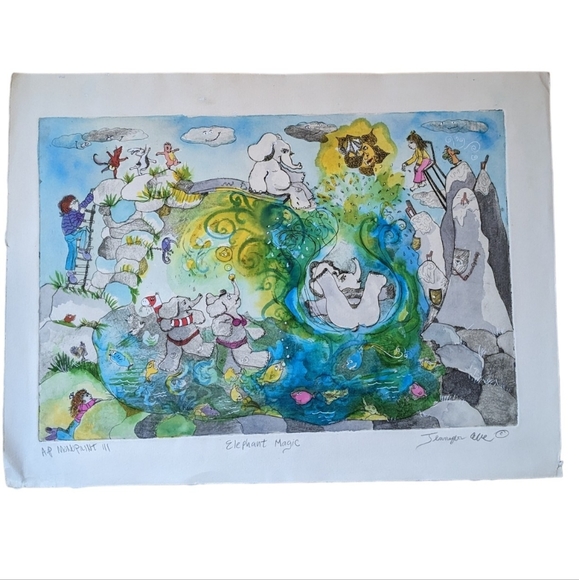 Hand colored original signed Etching printmaking & Watercolor💎♥🐘♥️⭐